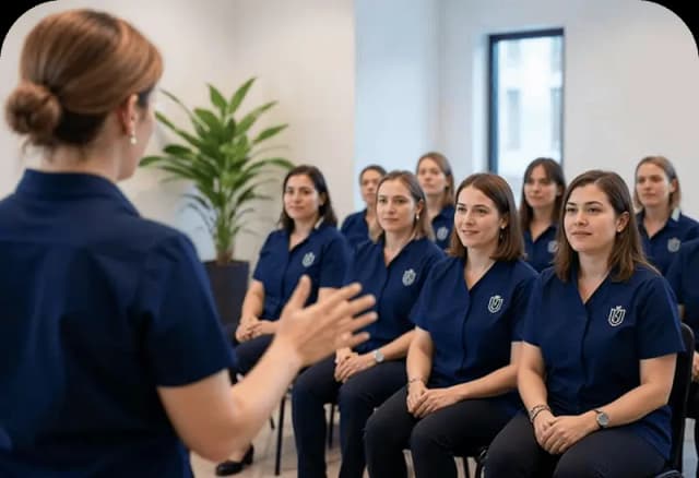Indoor classroom with instructor teaching group of women in dark blue uniforms