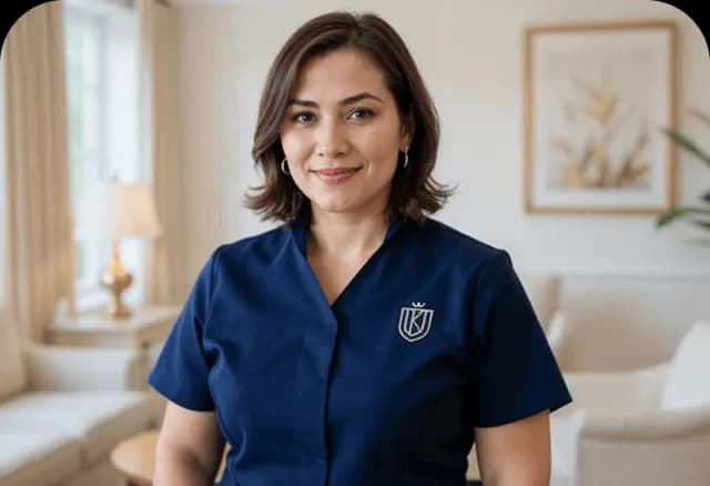 Woman in dark blue uniform smiling confidently in modern living room setting