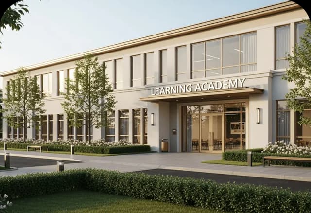 Modern building with Learning Academy sign surrounded by green landscaping